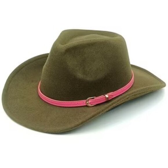 Green Cowboy Cowgirl Western Felt Hat with Pink Band Buckle, Rodeo Party Costume - Picture 1 of 2